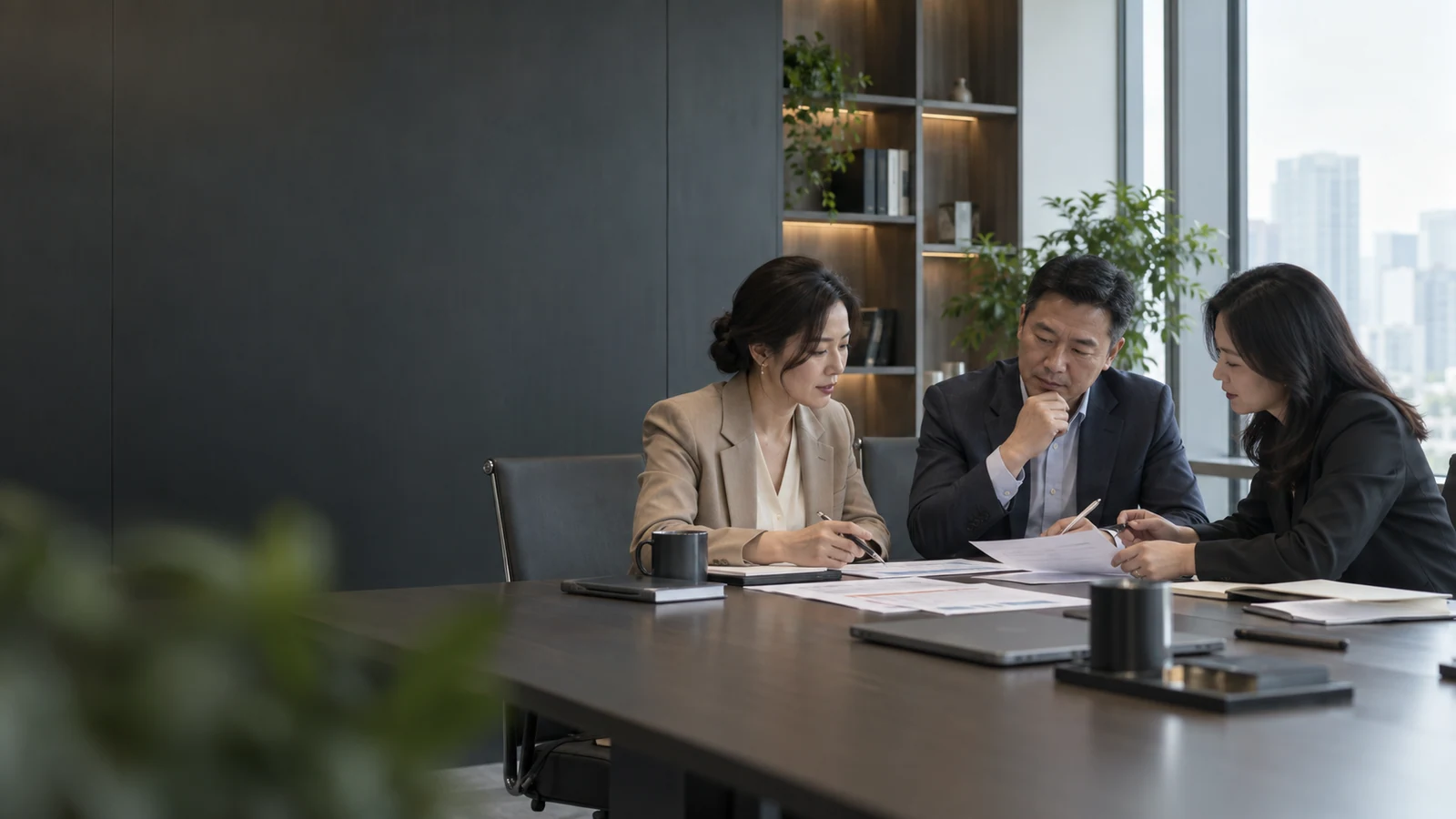 ผู้บริหารองค์กรและ HR ร่วมกันพูดคุยเอกสารกระบวนการจัดการ ภาพประกอบที่สร้างด้วย AI