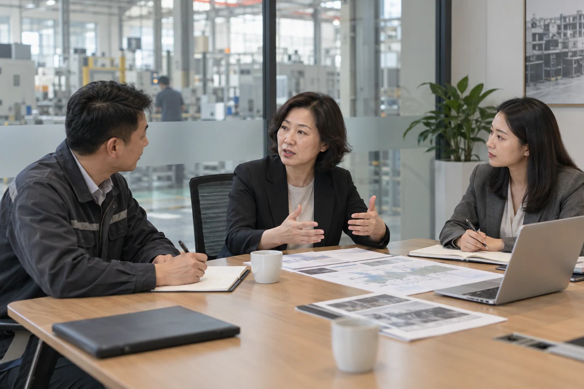 ผู้บริหารธุรกิจพูดคุยแผนทีมในการประชุม ภาพประกอบที่สร้างด้วย AI