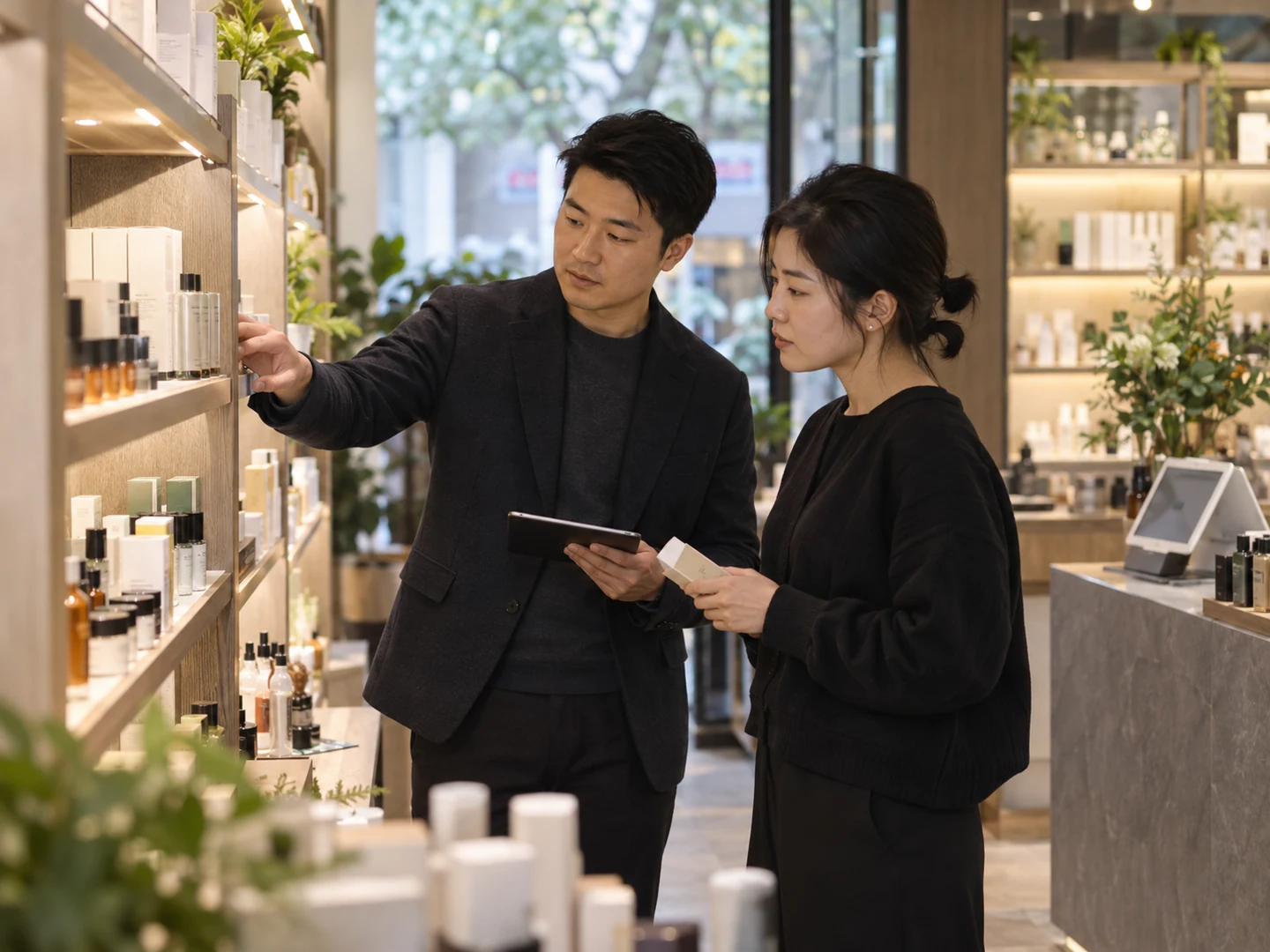ผู้บริหารร้านค้าปลีกพูดคุยเรื่องการจัดแสดงสินค้าในสาขา ภาพประกอบที่สร้างด้วย AI